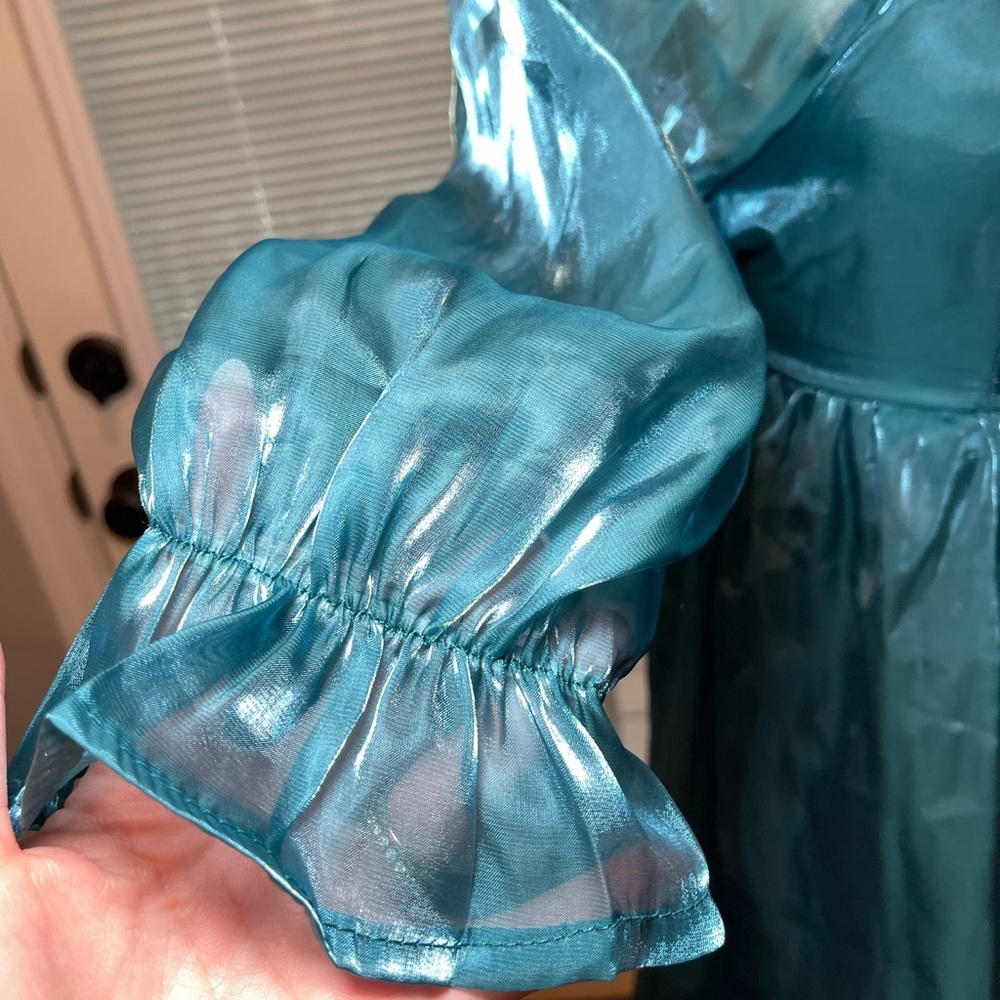 Teal Satin Mini Dress Puff Sleeve Square Neck Party XS - Picture 4 of 8